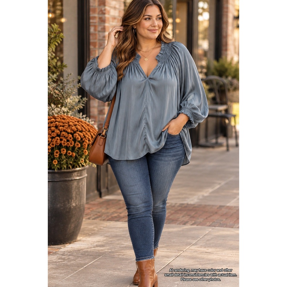 Carmen Marc Valvo 1X Satin Blouse Blue Grey Ruffle V-Neck Balloon Sleeve Top